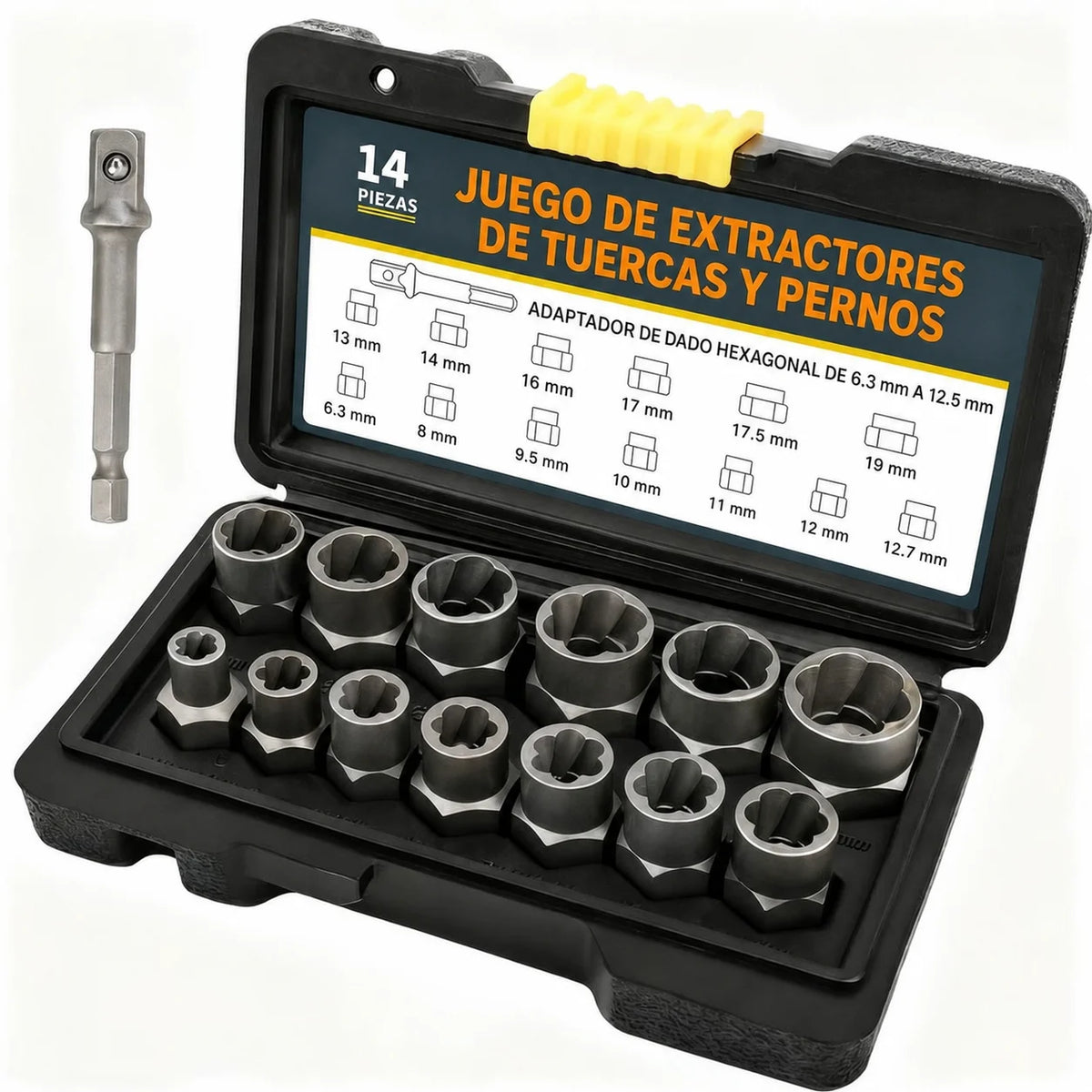 Juego extractor de birlos y tuercas dañadas 14 piezas, acero Cr-Mo, para taller mecánico y reparaciones de auto con estuche
