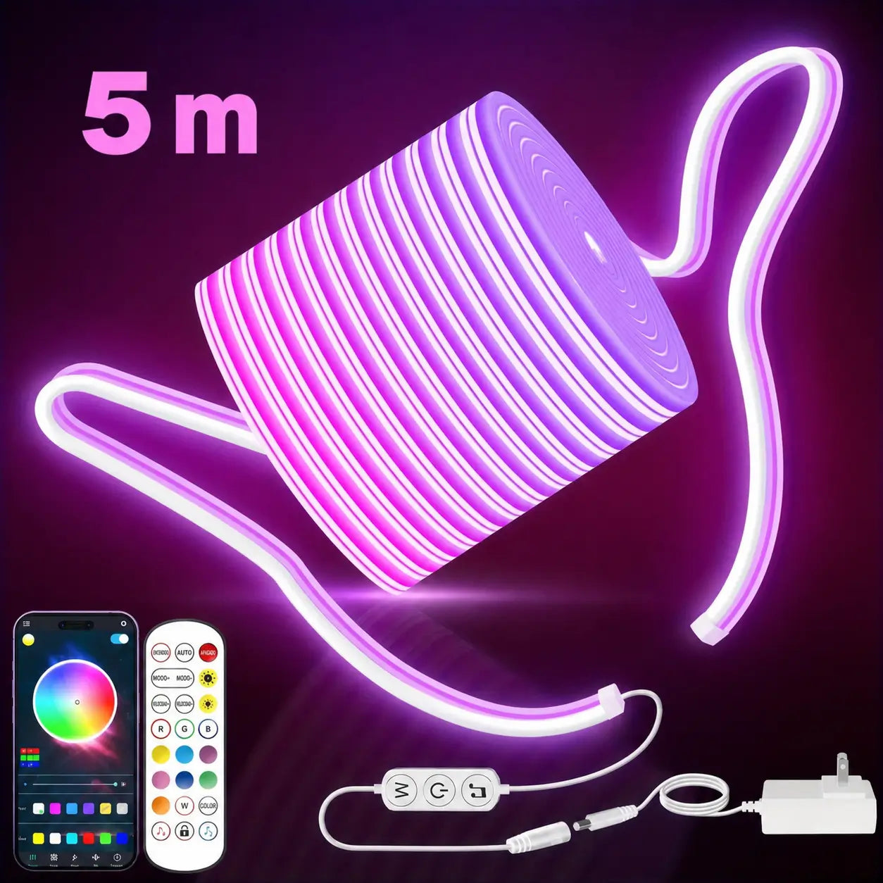 Tira LED neón RGB flexible con sincronización musical, IP67 y control por app para decoración en recámaras, setup gamer y exteriores
