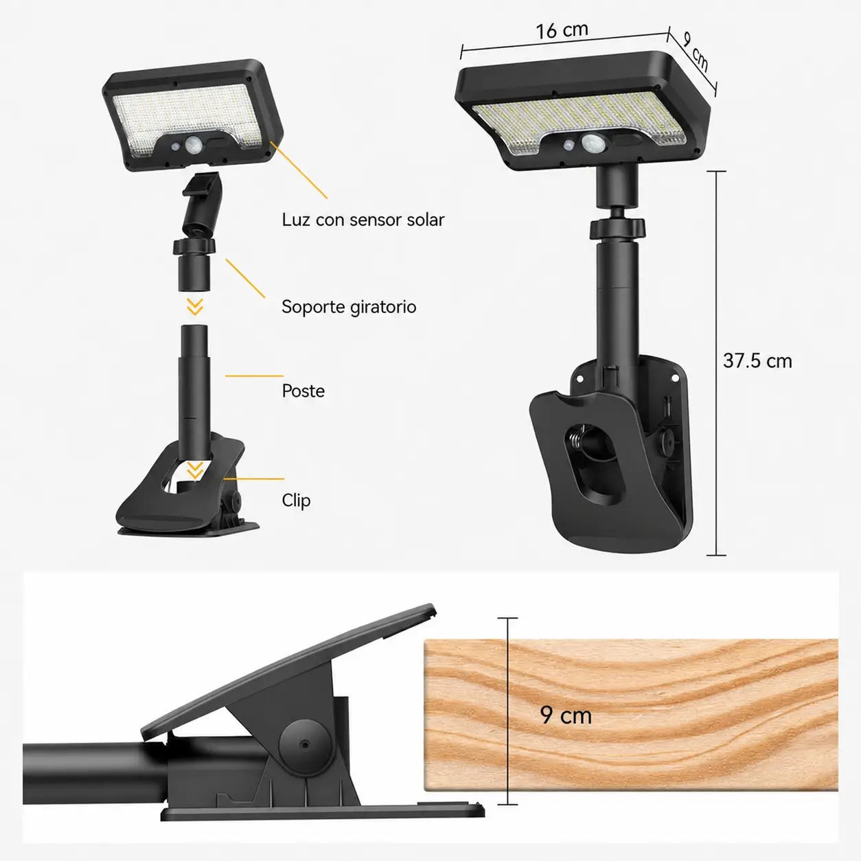 Lámpara solar exterior con sensor de movimiento, 600 lm, carga USB-C y clip ajustable para patio, jardín, reja o cochera en casa