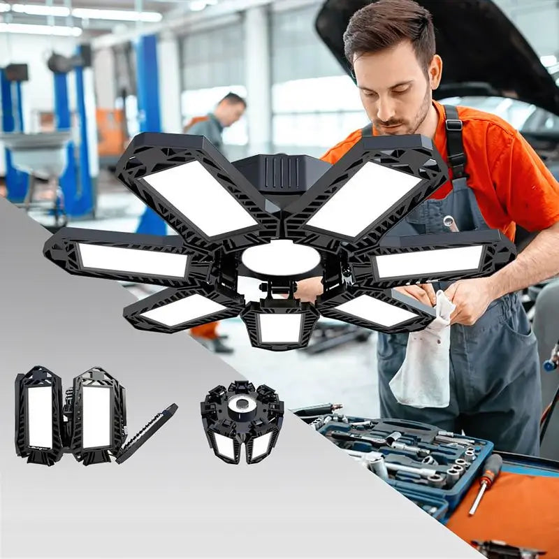 Luz de Garaje Plegable Lámpara de Techo Deformable Brillante para Taller Almacén y Bodega Foco de Trabajo 7+1 Paneles de Fácil Instalación