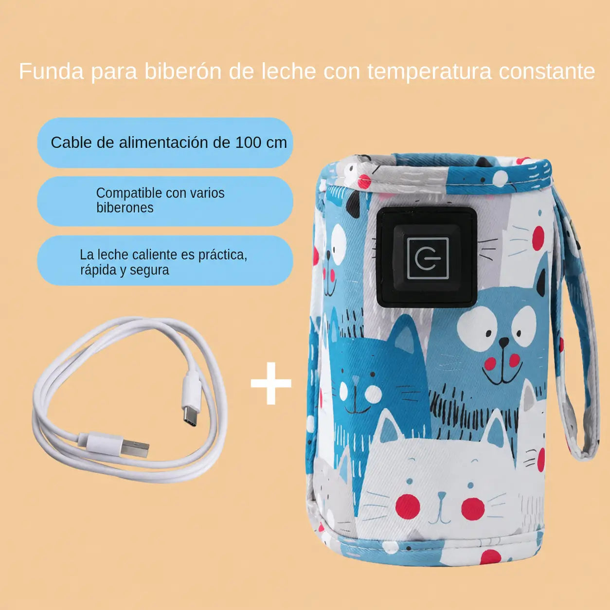 Calentador portátil USB para biberón con 3 temperaturas y funda térmica con gatitos para casa, viajes y salidas con bebé diarias