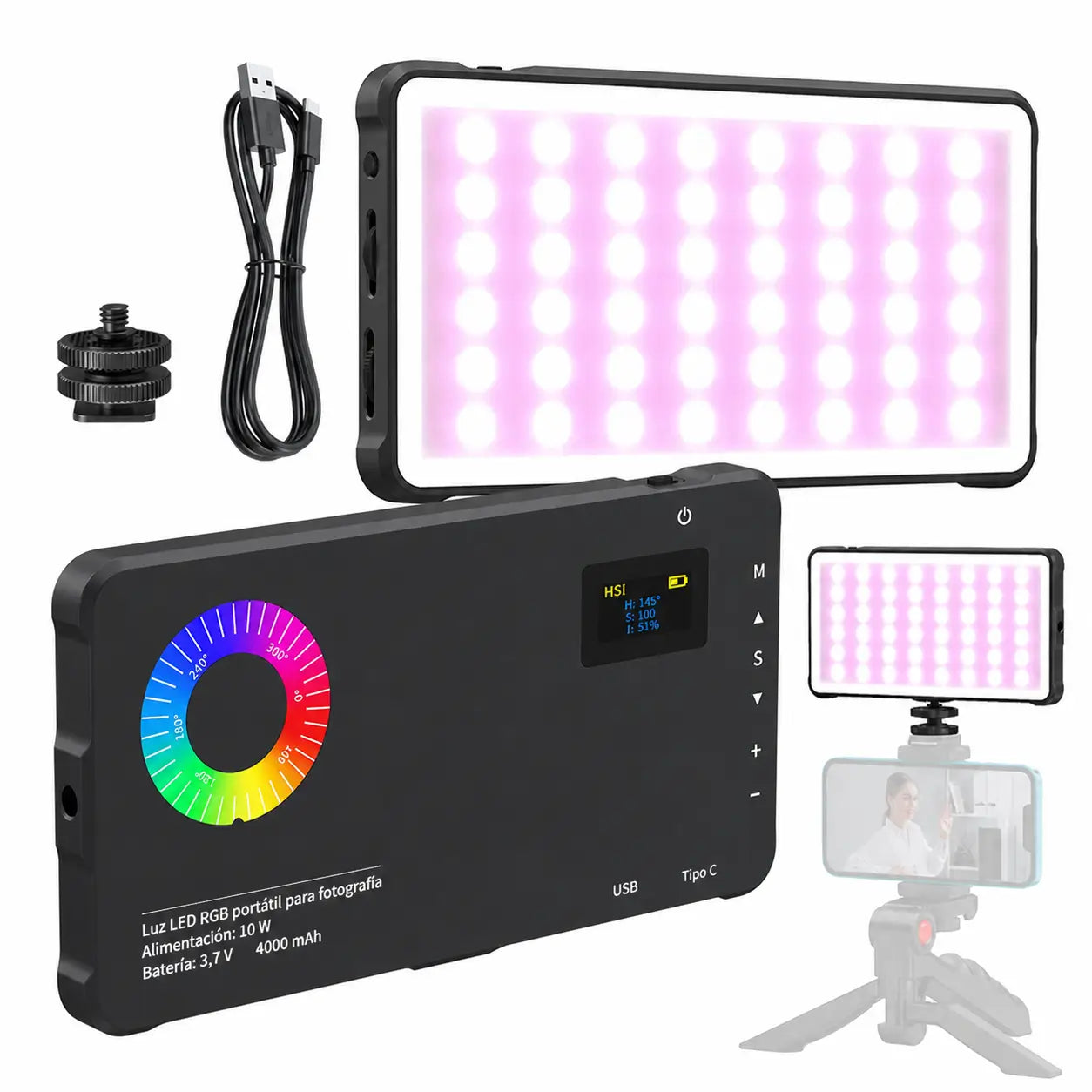 Luz fotográfica RGB recargable por USB 4000mAh compacta para cámara de celular, streaming en vivo y vlogs de viaje creativos diarios
