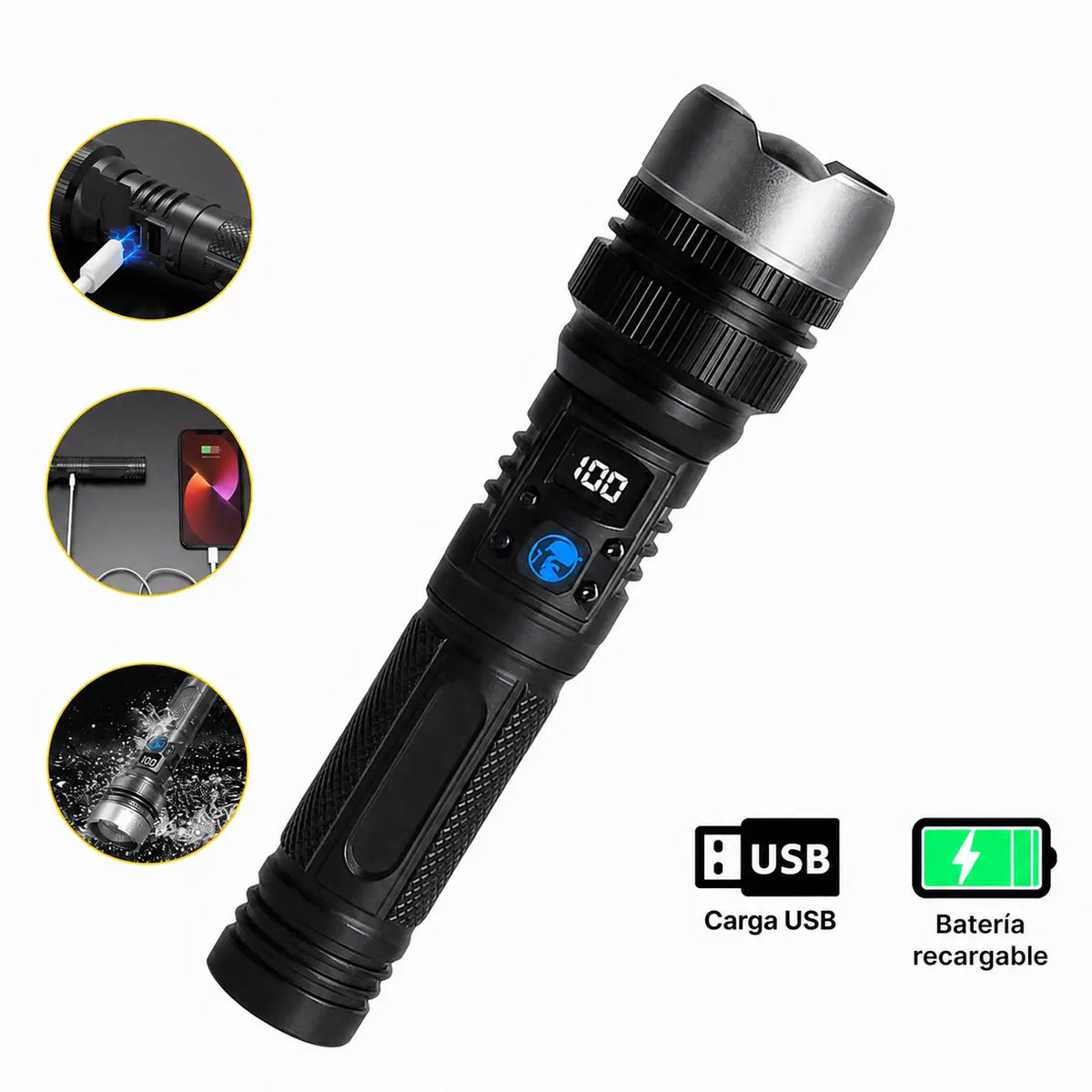 Linterna LED recargable 2 en 1 de 2200 lúmenes con power bank para camping y emergencias
