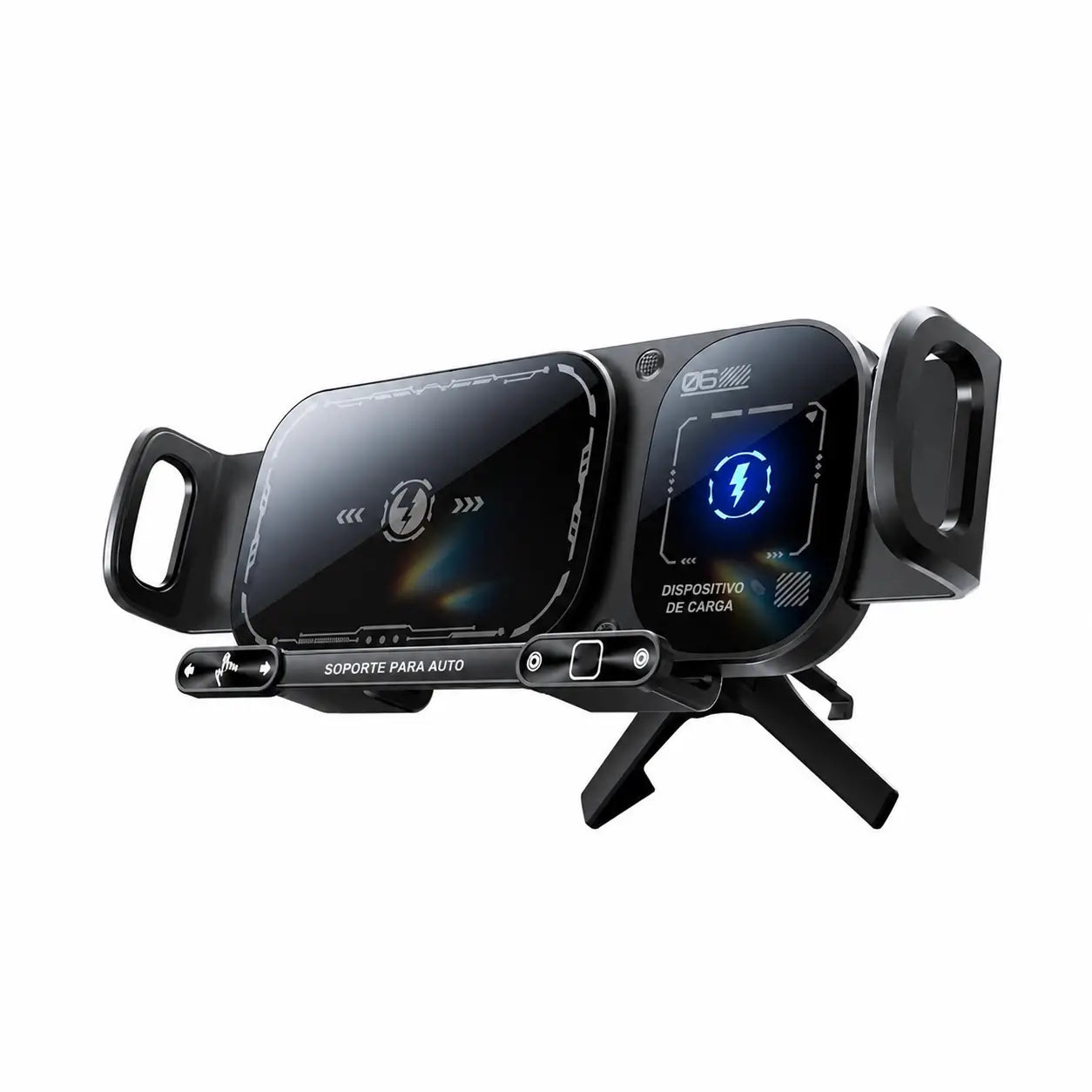 Soporte cargador inalámbrico 15W para auto con sujeción automática y rotación 90°, ideal para celulares plegables y grandes