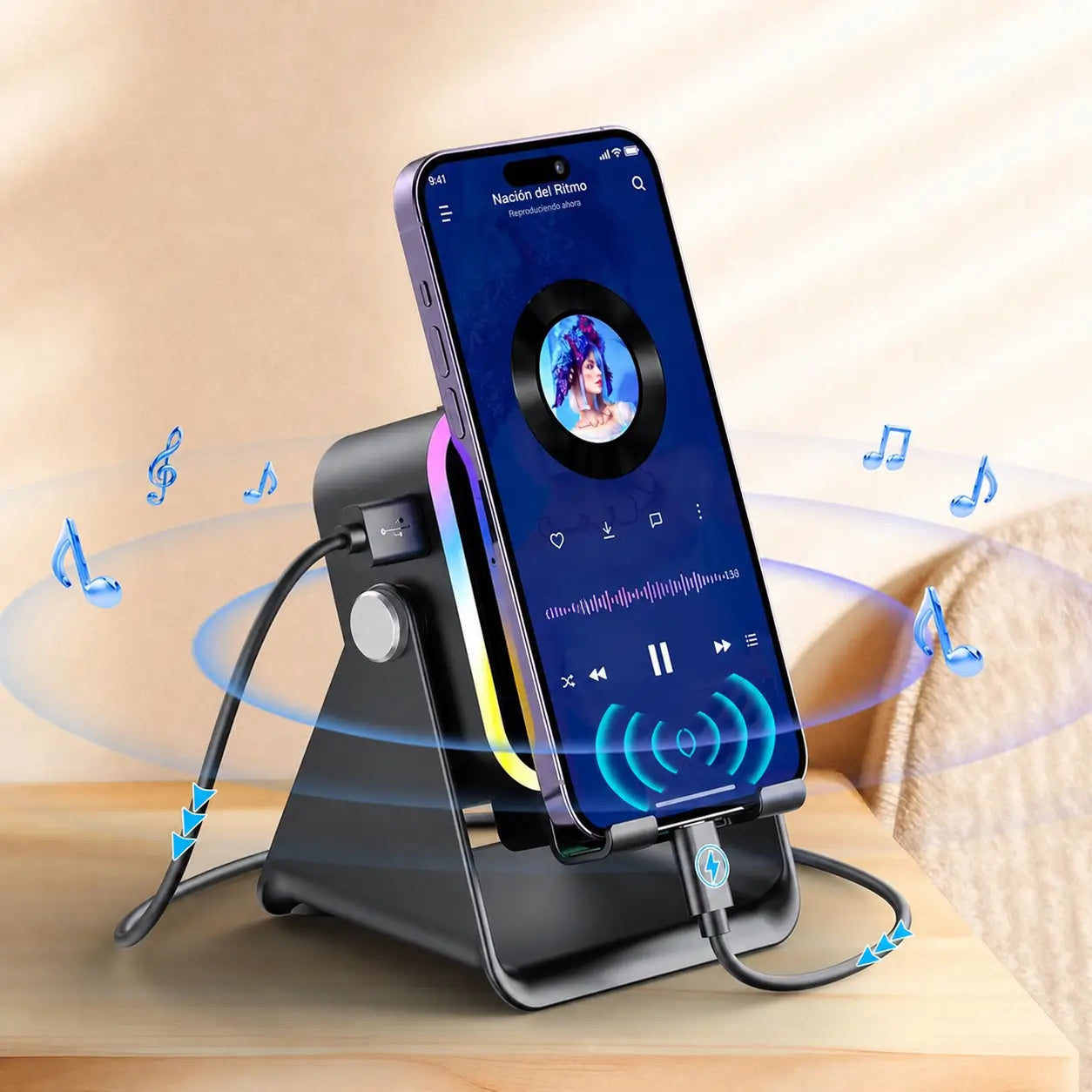 Bocina inalámbrica 5 en 1 con soporte ajustable 360°, luz RGB y power bank de 3500 mAh para celular y tablet en casa
