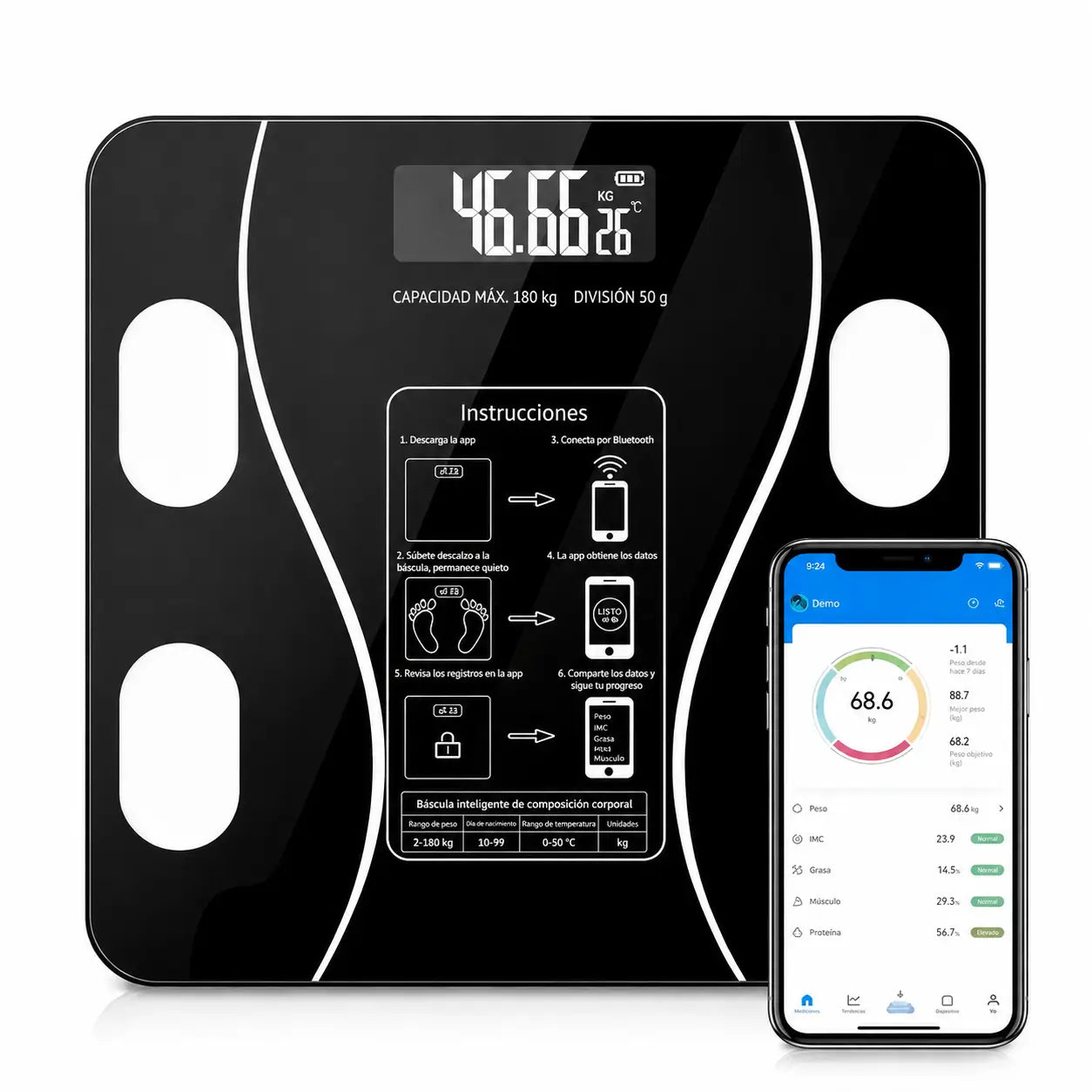 Báscula digital Bluetooth para baño con medición de peso, grasa corporal e IMC, ideal para seguimiento diario personal fácil