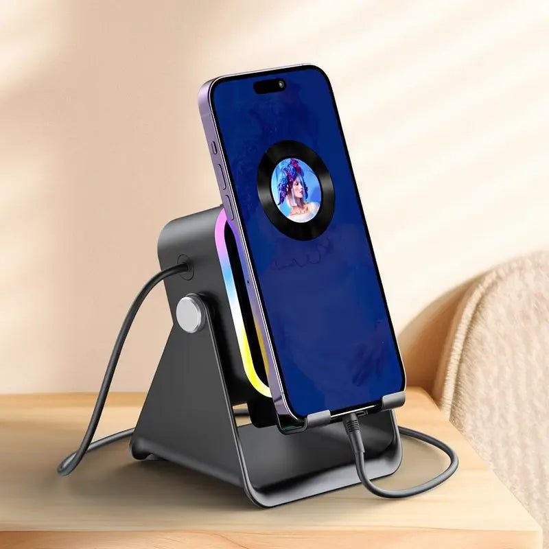 Soporte con Bocina de Inducción Inalámbrica 5 en 1, Base para Celular y Tablet, Power Bank de 3500mAh, Ajuste de 360° con Luz Ambiental LED de Colores