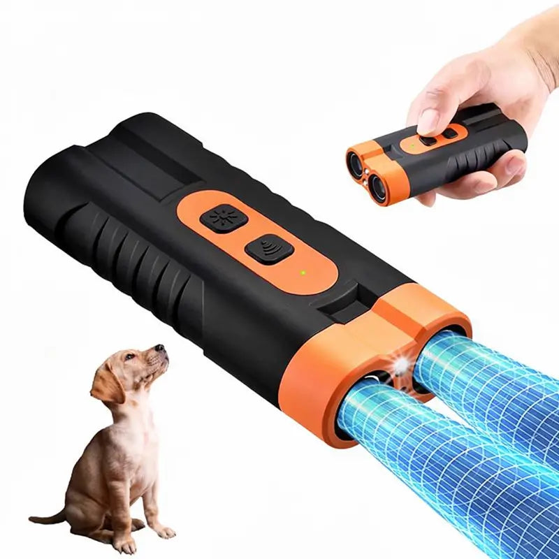 Dispositivo Antiladridos Recargable para Perros, Control Ultrasónico con Doble Emisor de 15m, Silenciador de Ladridos 25KHz para Interiores y Exteriores con Linterna