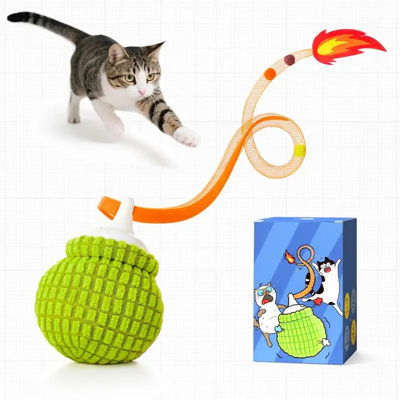Juguete Interactivo para Gato con Sensor de Movimiento y Sonido de Pajarito, Pelota Inteligente Recargable con Diseño de Granada y Cola de Malla para Gatitos y Gatos Adultos, 7.6 cm