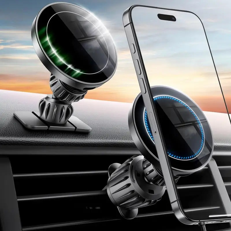 Cargador MagSafe de 15W para Auto y Soporte Magnético – [Clip para Rejilla y Adhesivo para Tablero 2 en 1] Porta Celular Inalámbrico de Carga Rápida para iPhone 16/15 Pro Max Ajustable