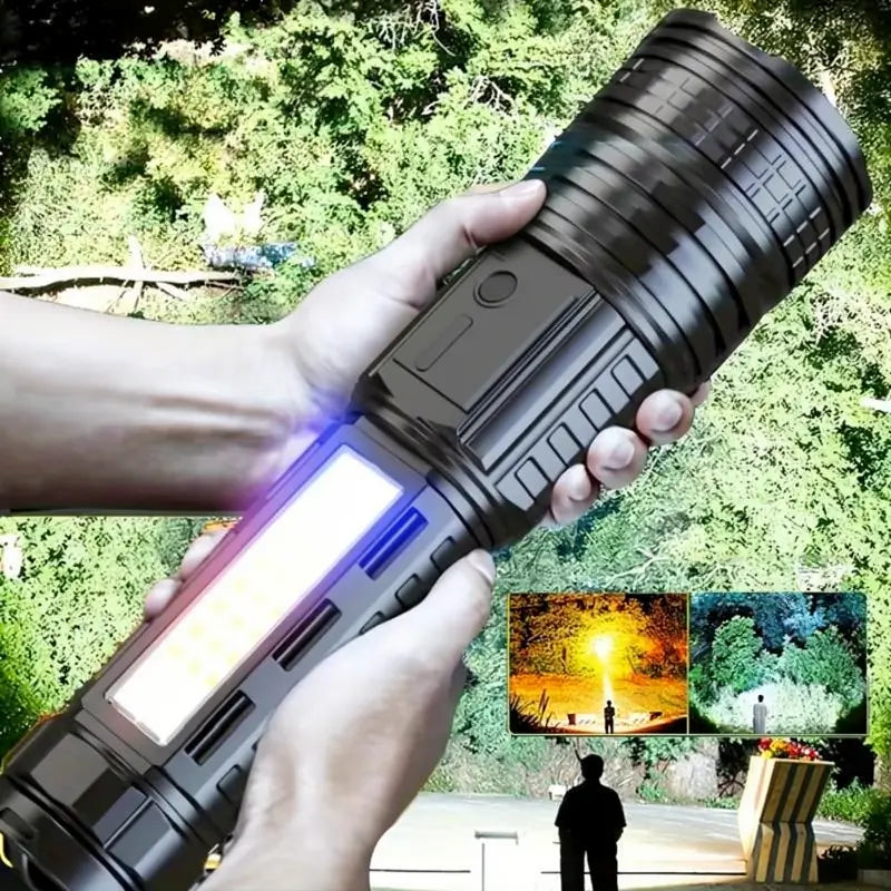 Linterna LED Recargable de Alta Potencia, Lámpara de Mano Multifuncional con Zoom y Luces Laterales para Camping, Pesca y Emergencias, Equipo Táctico Portátil Super Brillante