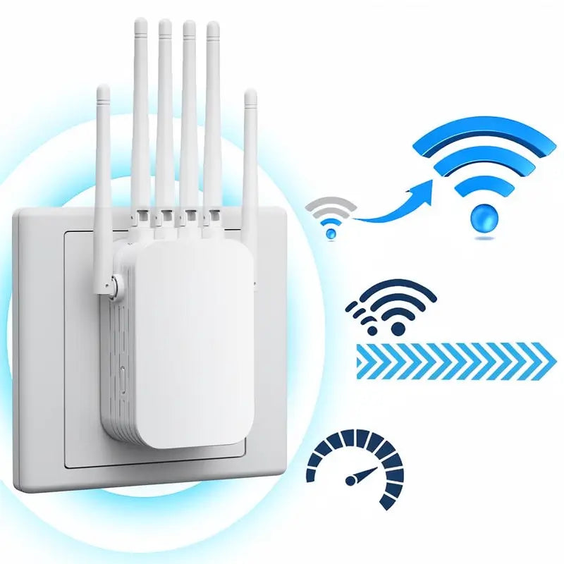 Extensor de WiFi 2025 de 6 Antenas, Amplificador de Señal Potente Doble Banda 1200Mbps, Cobertura hasta 1,100 m² y 100 Dispositivos, Repetidor con Puerto Gigabit y Conectividad IA, Ideal para Home Office y Streaming