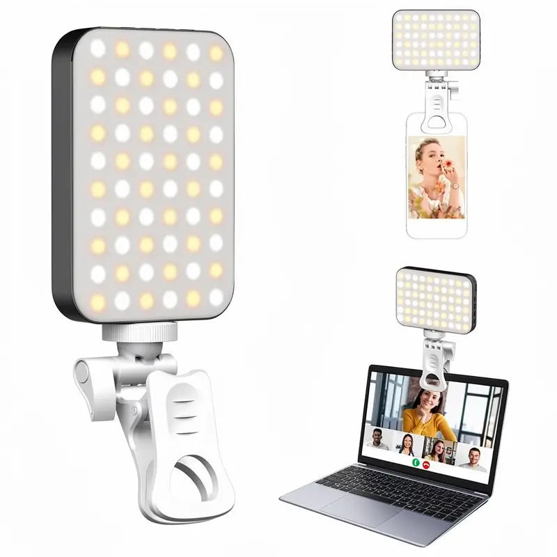 Luz LED recargable con clip para celular y laptop, iluminación portátil para selfies, videollamadas, streaming y maquillaje en casa y uso diario