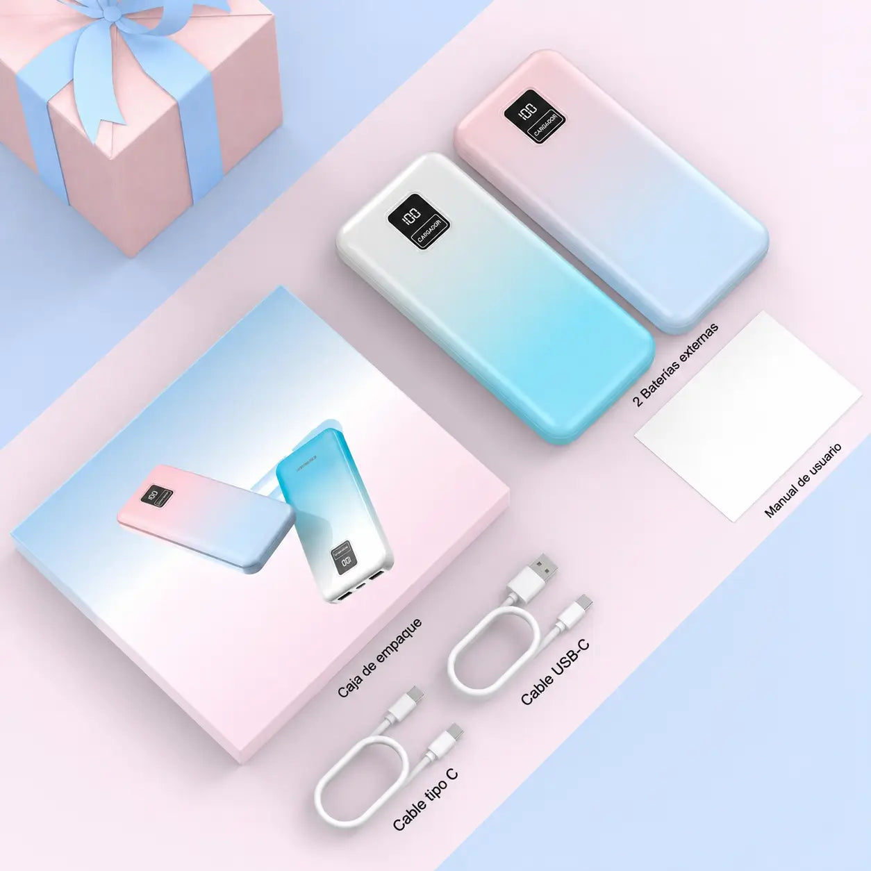 Paquete de 2 power banks 10000mAh con carga rápida 22.5W, 3 puertos y pantalla LED para celular, tablet y viajes diarios