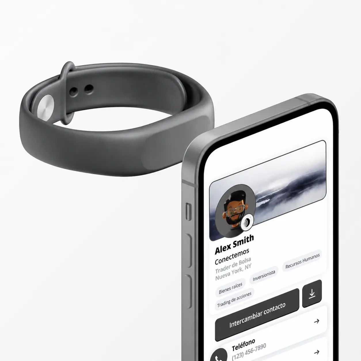 Pulsera de tarjeta digital NFC con código QR para compartir contactos en iPhone y Android sin app ni suscripción al instante