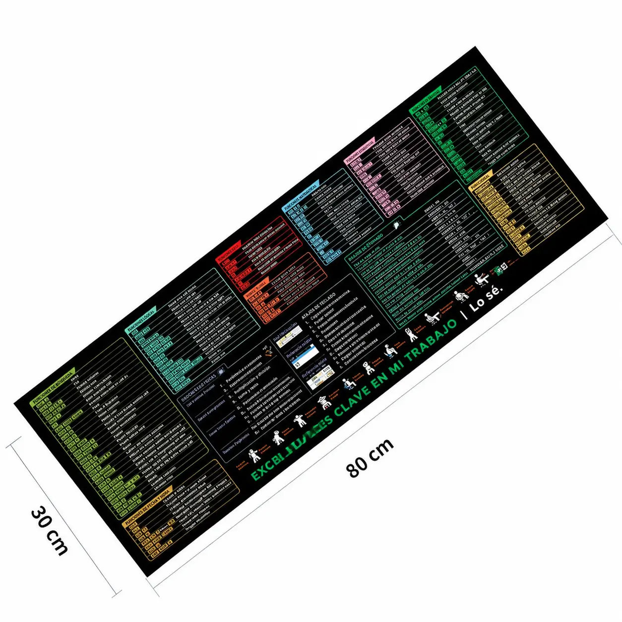 Tapete XXL para escritorio con atajos de Excel, base antideslizante y borde cosido para oficina, gaming y productividad diaria en computadora