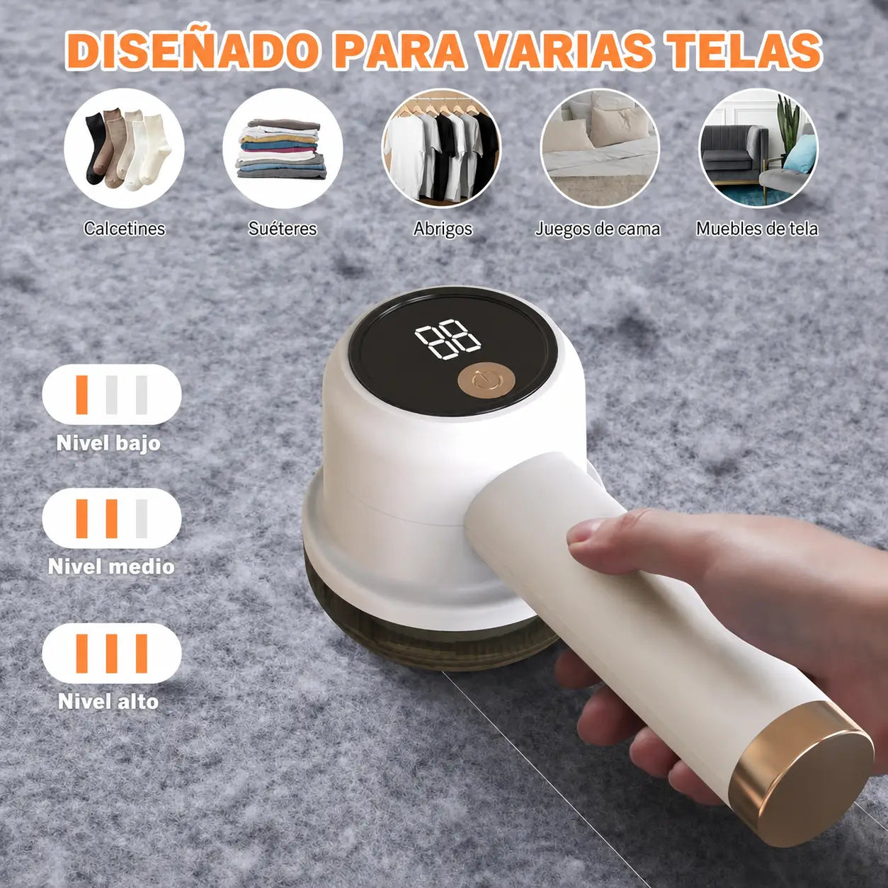 Quitapelusas portátil recargable con depósito removible y pantalla digital para renovar suéteres, cobijas, cortinas, alfombras y sofás con 3 velocidades