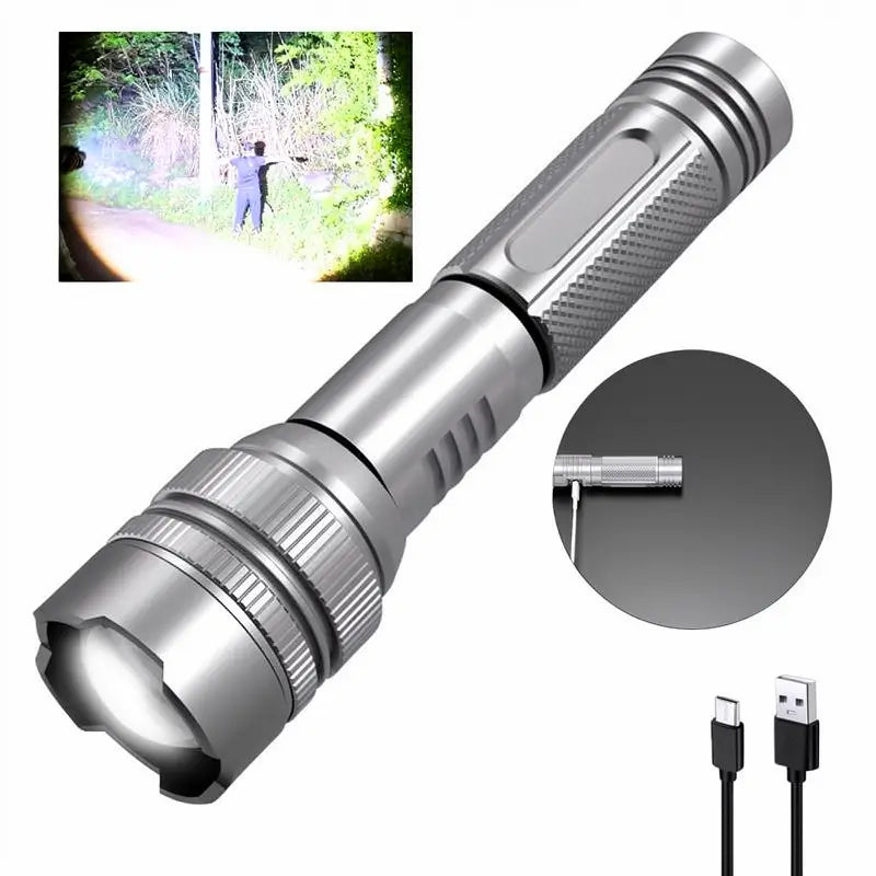Linterna de Bolsillo Recargable 1200 Lúmenes con Zoom Ajustable 2 Tamaños Compacta para Camping y Emergencias