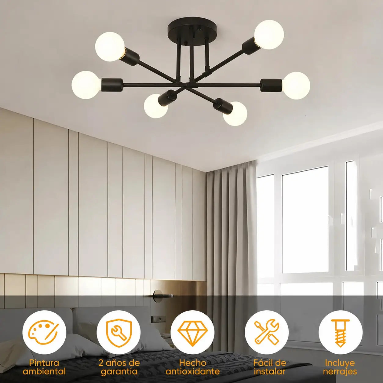 Lámpara colgante negra de 6 luces con casquillo E26/E27, diseño moderno retro para comedor, pasillo, recámara y cafetería con instalación sencilla
