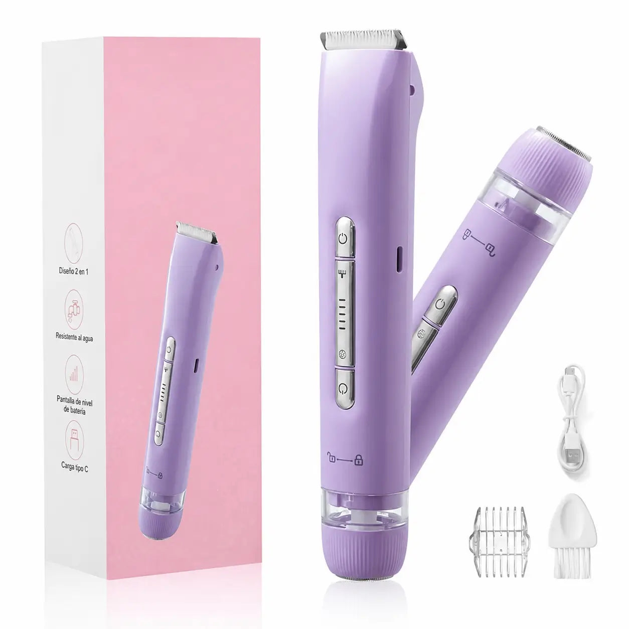 Rasuradora eléctrica 2 en 1 para bikini, rostro, axilas y piernas, recargable IPX7 para piel sensible en seco o ducha femenino