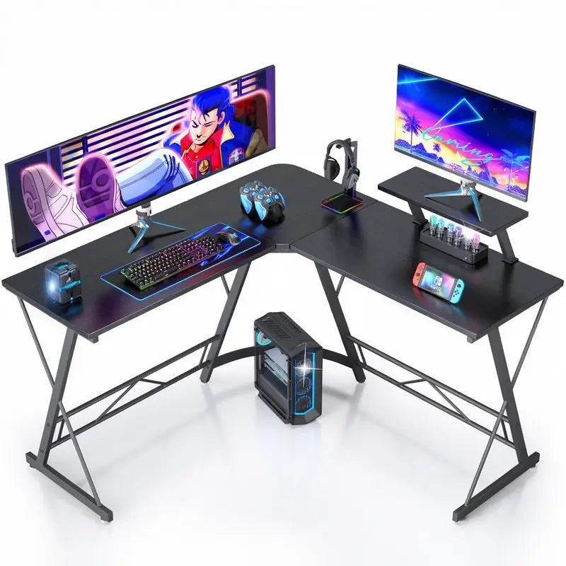 Escritorio Gamer en L con Luces LED, Escritorio de Esquina para Computadora con Portavasos y Gancho para Audífonos, Estación de Trabajo para Oficina en Casa con Soporte para Monitor Grande, Fácil de Armar (Negro, 130 cm)