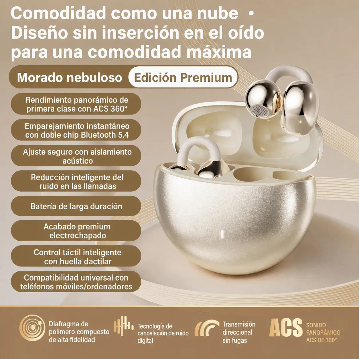 Auriculares Bluetooth 5.4 de oído abierto con clip ergonómico y cancelación de ruido para correr, ejercicio y llamadas claras en celular