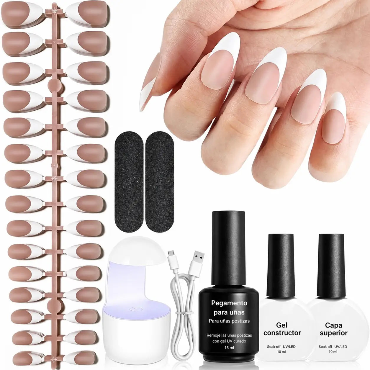Kit de uñas press on francesas de gel suave, 154 piezas con lámpara mini para manicura francesa DIY en casa hasta 28 días
