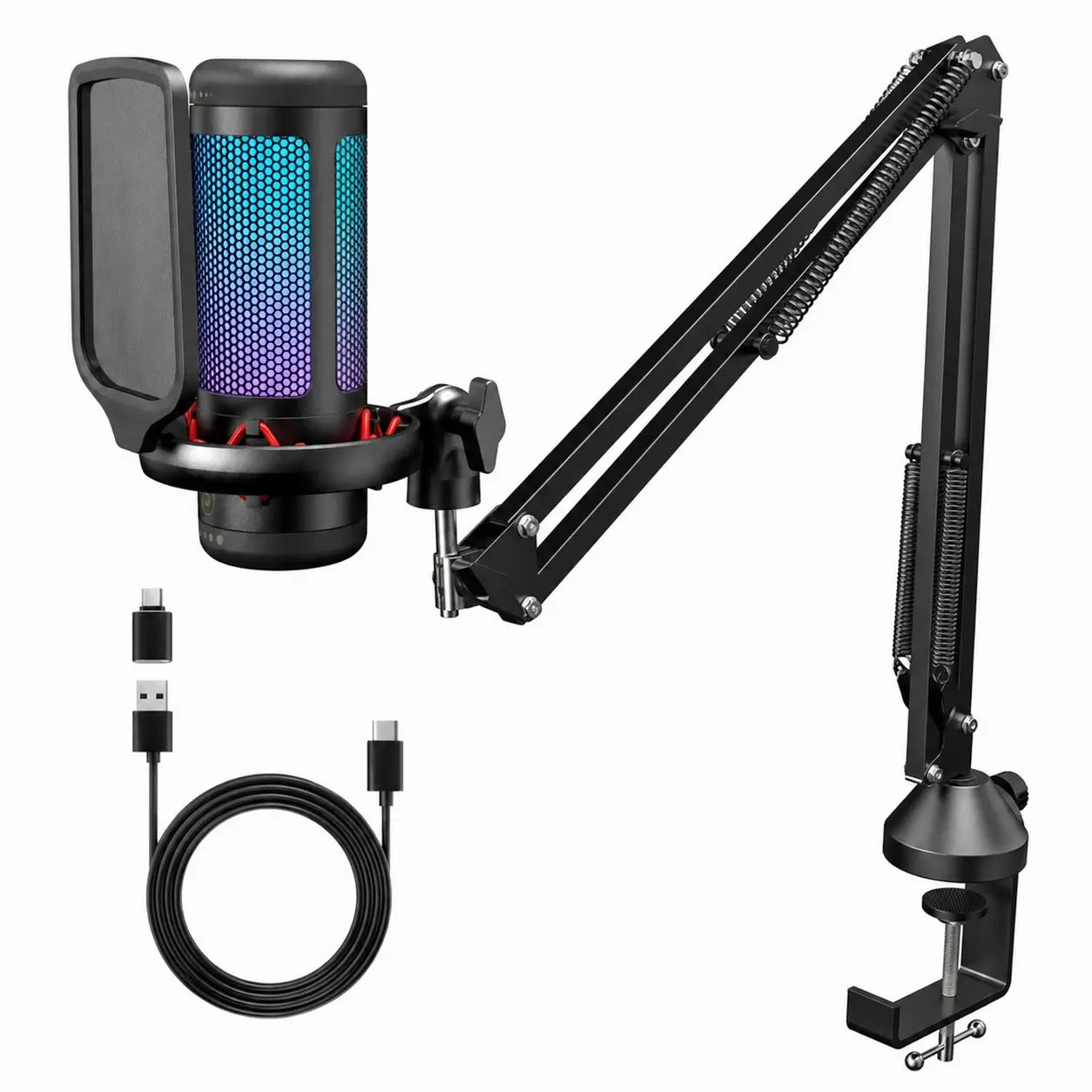 Micrófono USB de condensador TC310 con iluminación RGB ajustable, conexión USB-A y Type-C para gaming, streaming y podcast en PC Mac
