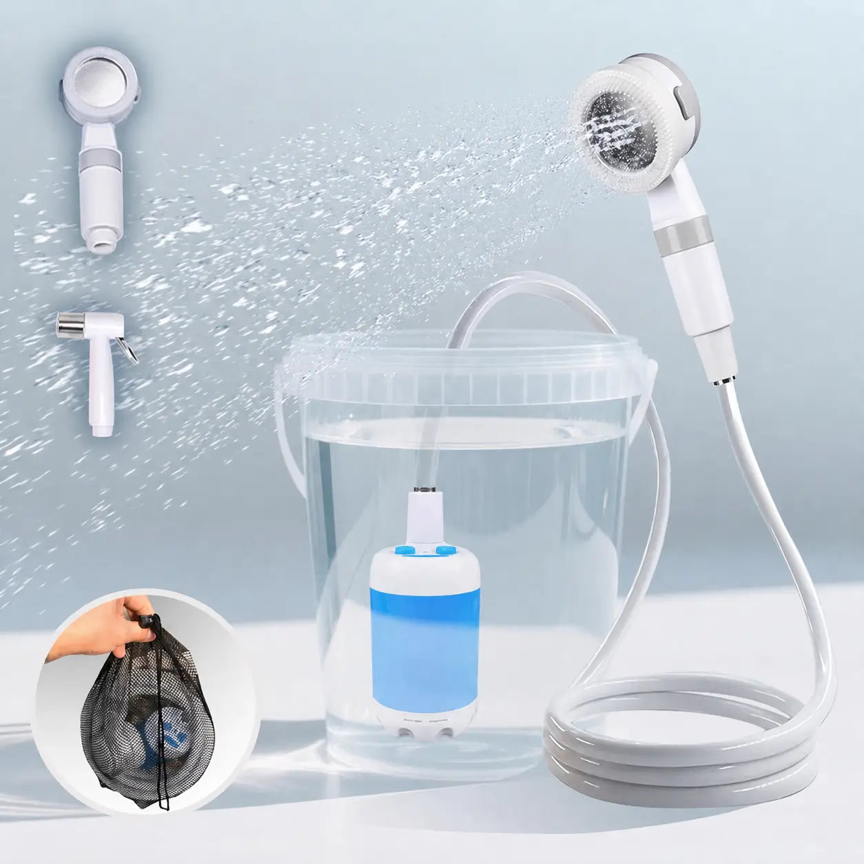 Ducha eléctrica recargable con bomba sumergible y bolsa de transporte para camping, senderismo, lavado de coche y limpieza de mascotas