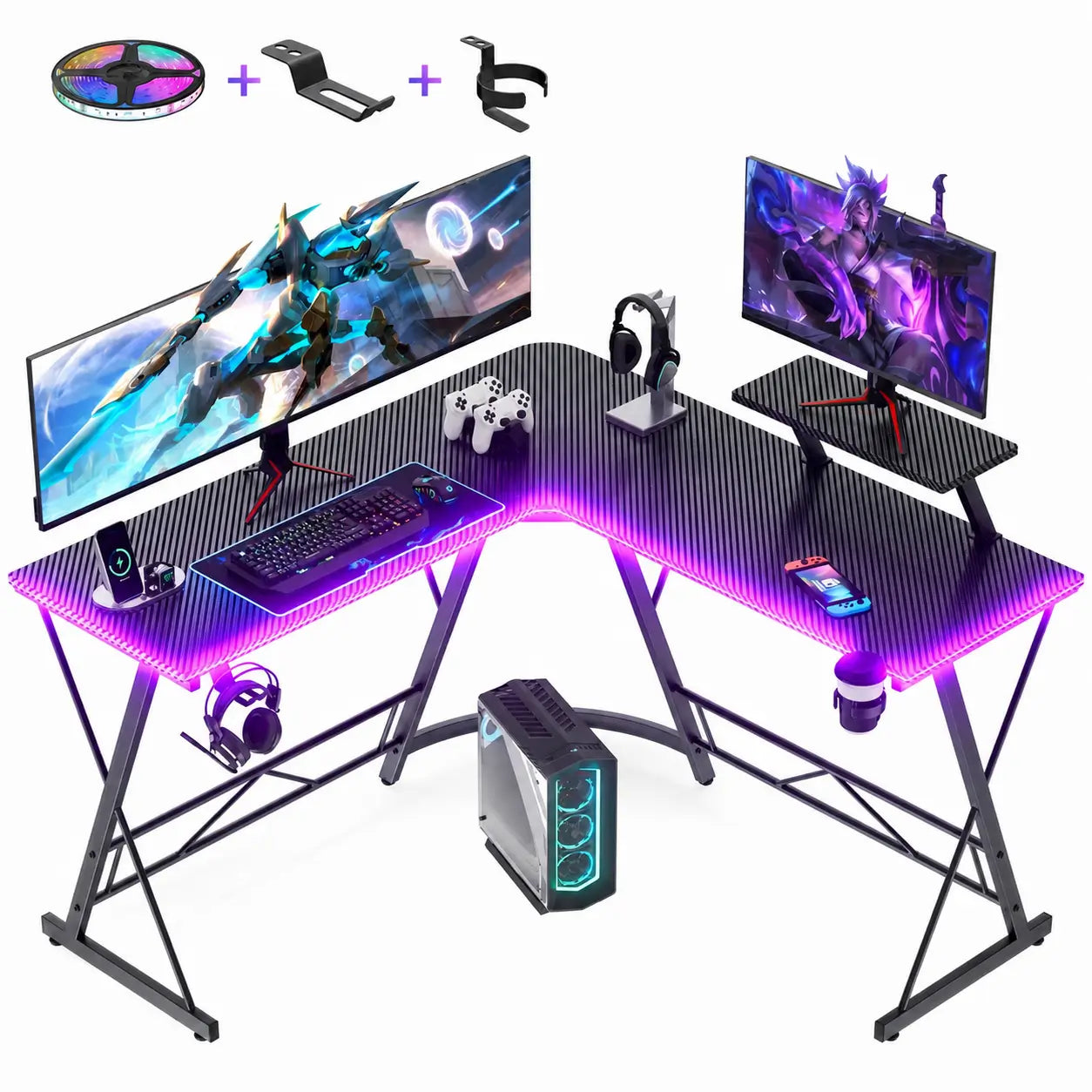 Escritorio gamer en L de 129 cm con soporte para monitor y luces RGB para home office y setup de juego negro estable