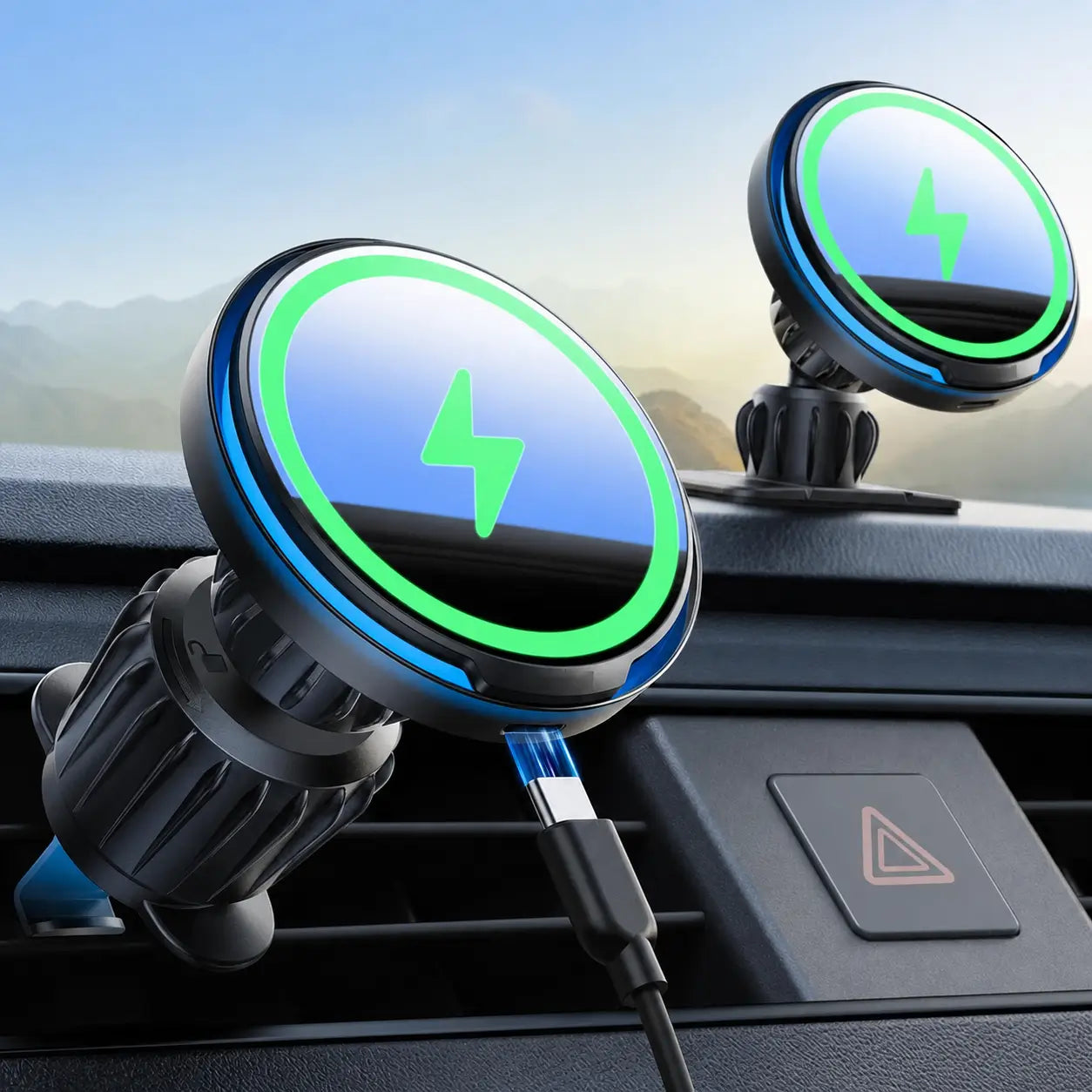 Cargador inalámbrico magnético 15W para auto con soporte ajustable 360° y montaje 3 en 1, ideal para iPhone en viajes diarios
