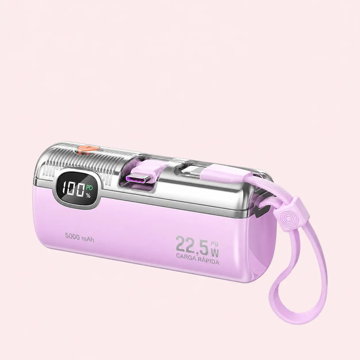 Power bank mini 5000mAh con carga rápida 22.5W, cable integrado y display digital para celular, viajes y emergencias sin cargar peso extra