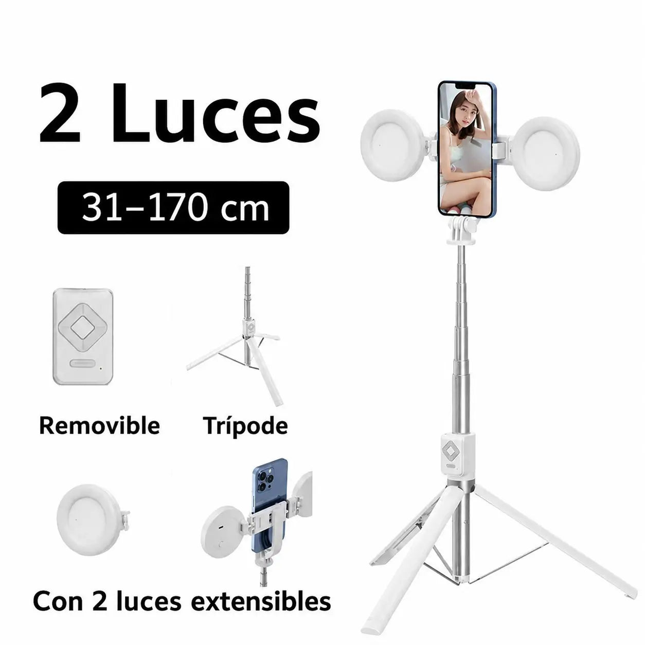 Tripié selfie 6 en 1 con luz LED ajustable y control Bluetooth para crear videos, lives y fotos estables con celular