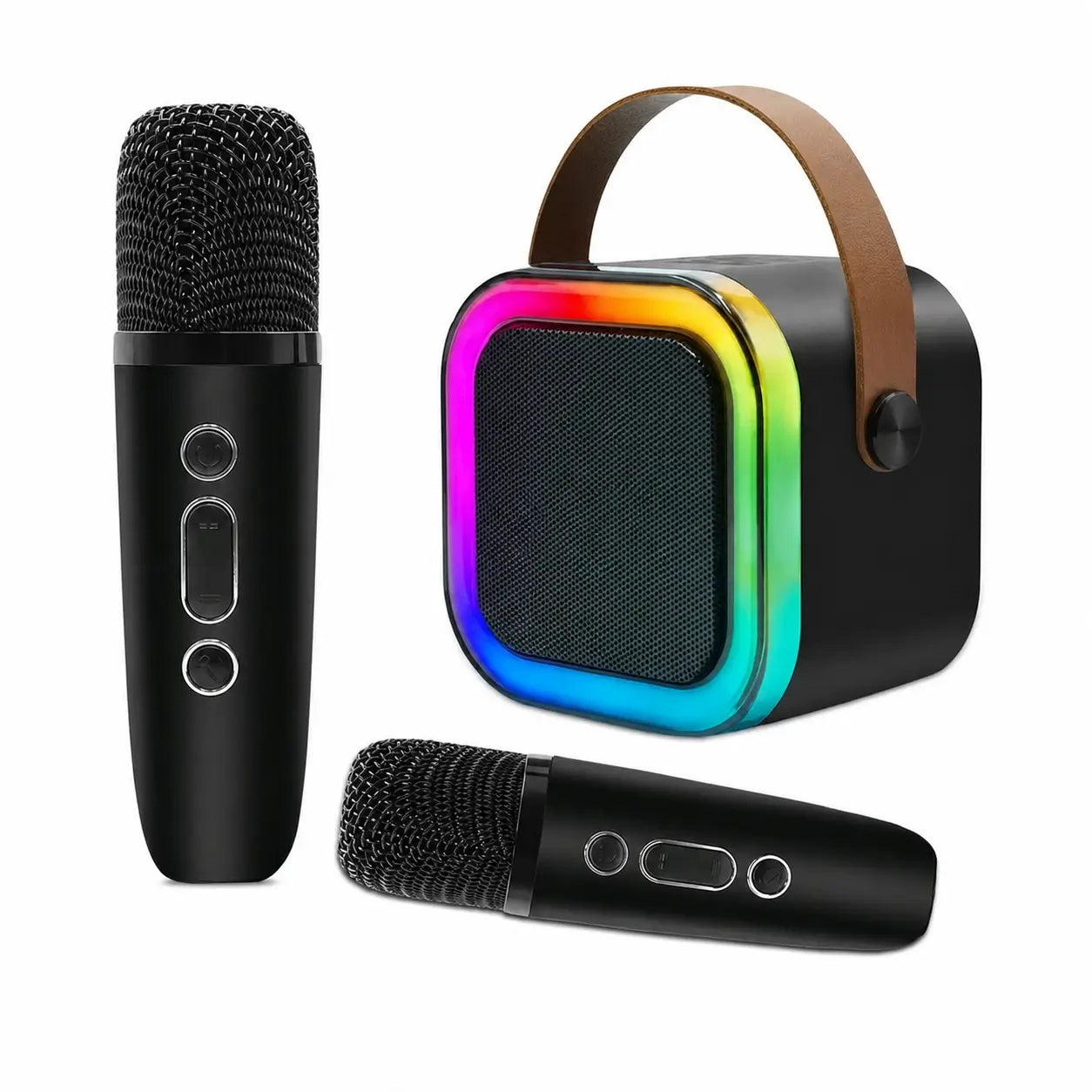 Bocina karaoke mini Bluetooth 5.3 con 2 micrófonos inalámbricos, luces RGB y sonido HiFi para fiestas en casa y reuniones al aire libre