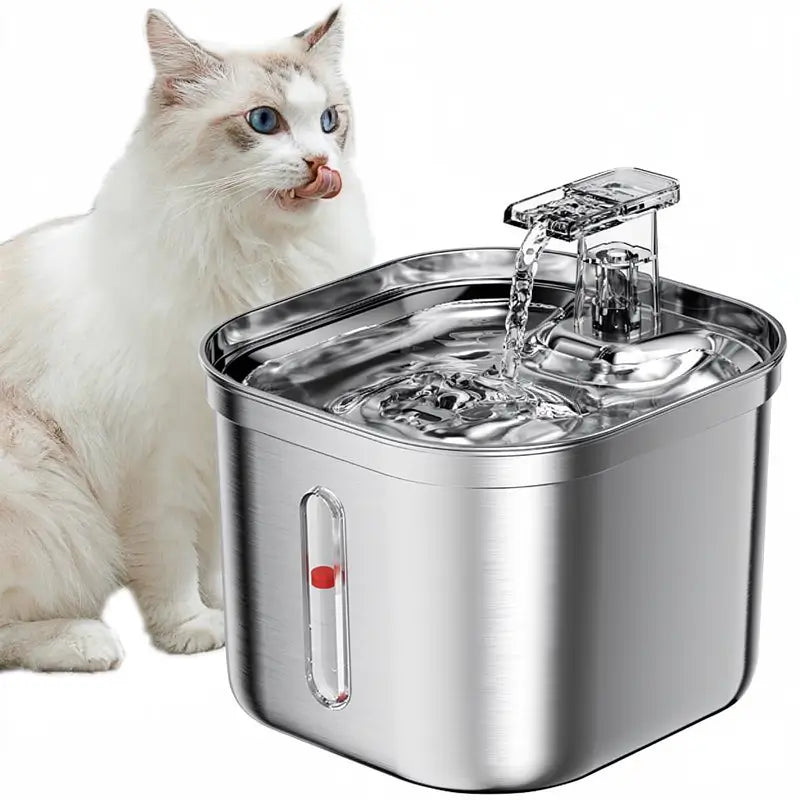 Fuente de Agua de Acero Inoxidable para Gatos y Perros, Bebedero Automático de 2.2 Litros con Bomba Ultra Silenciosa y 3 Filtros, Plato de Agua Cuadrado para Mascotas
