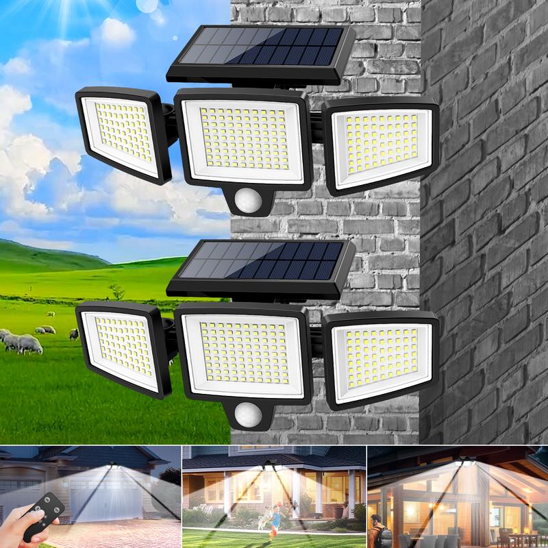 Lámpara solar exterior de seguridad 2500 lm con 3 cabezales ajustables, sensor PIR y control remoto para patios y cocheras