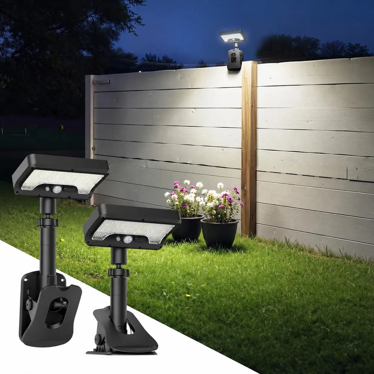 Lámpara solar exterior con sensor de movimiento, 600 lm, carga USB-C y clip ajustable para patio, jardín, reja o cochera en casa