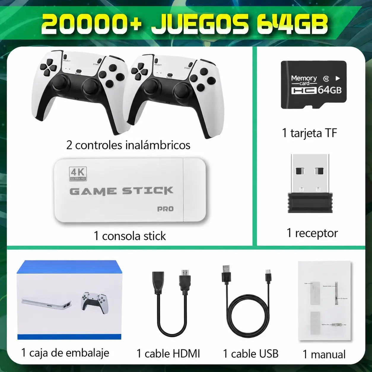 Game Stick retro 4K con 23 emuladores clásicos, 20,000+ juegos y 2 controles inalámbricos para pantalla, monitor o proyector HDMI