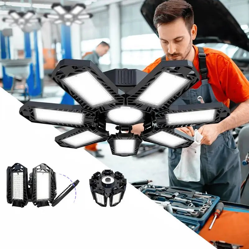 Luz de Garaje Plegable Lámpara de Techo Deformable Brillante para Taller Almacén y Bodega Foco de Trabajo 7+1 Paneles de Fácil Instalación