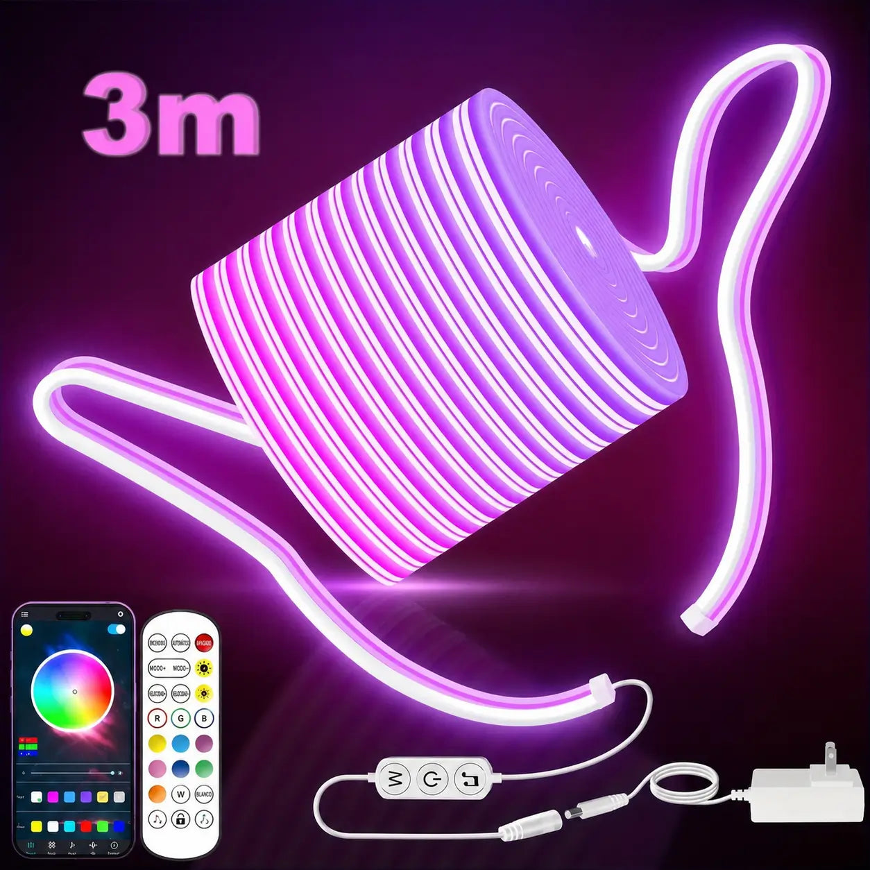 Tira LED neón RGB flexible con sincronización musical, IP67 y control por app para decoración en recámaras, setup gamer y exteriores