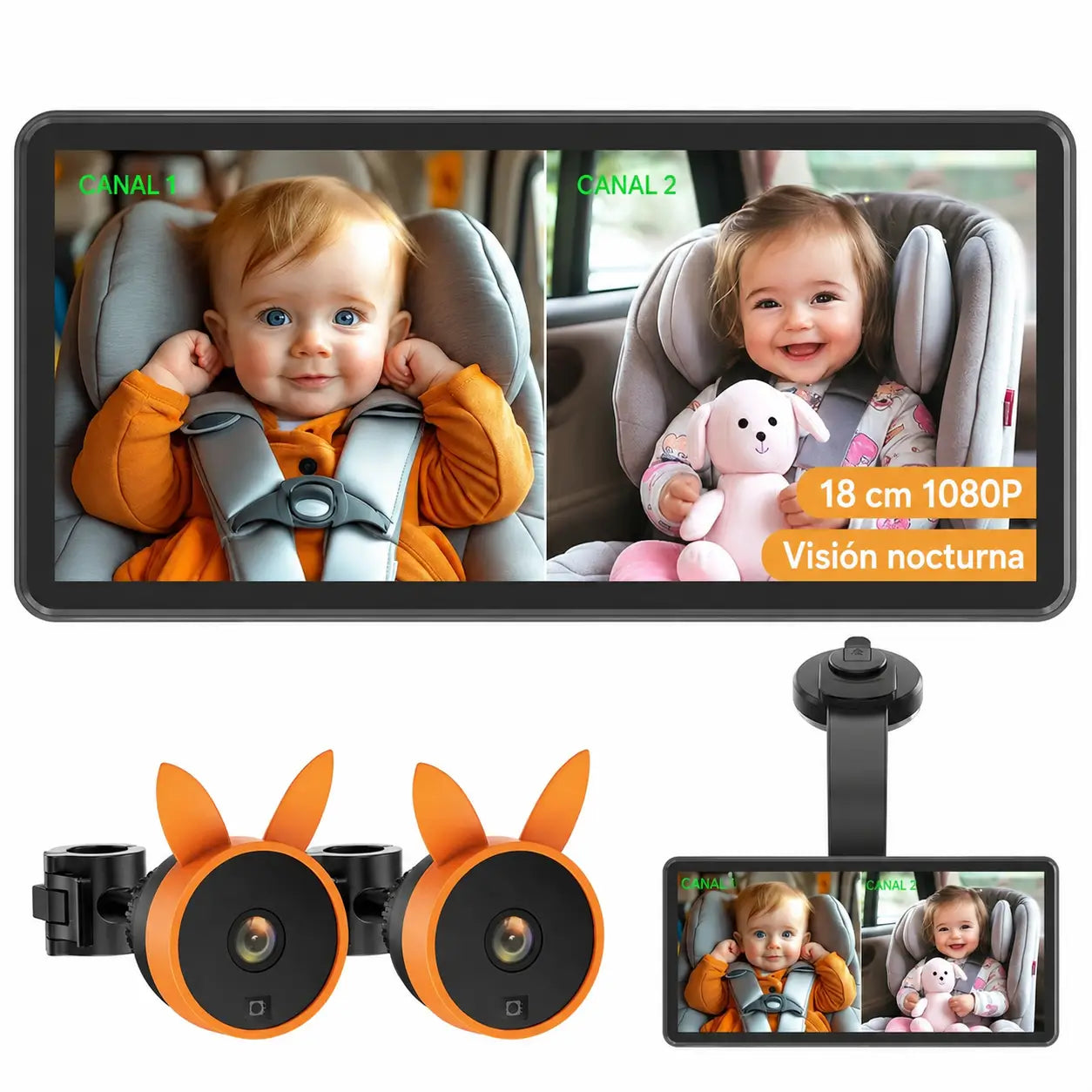 Monitor dual para bebé en auto con pantalla 7.2” 1080P, visión nocturna y vista dividida para dos niños en viajes familiares