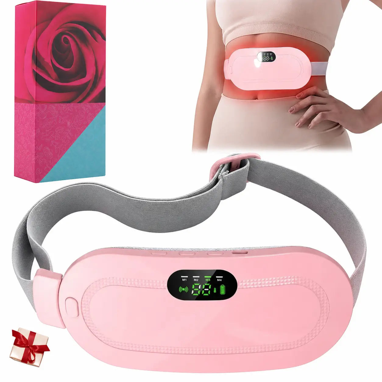 Cinturón térmico menstrual inalámbrico con 3 niveles de calor y 4 modos de masaje vibratorio para abdomen, cintura y cólicos menstruales