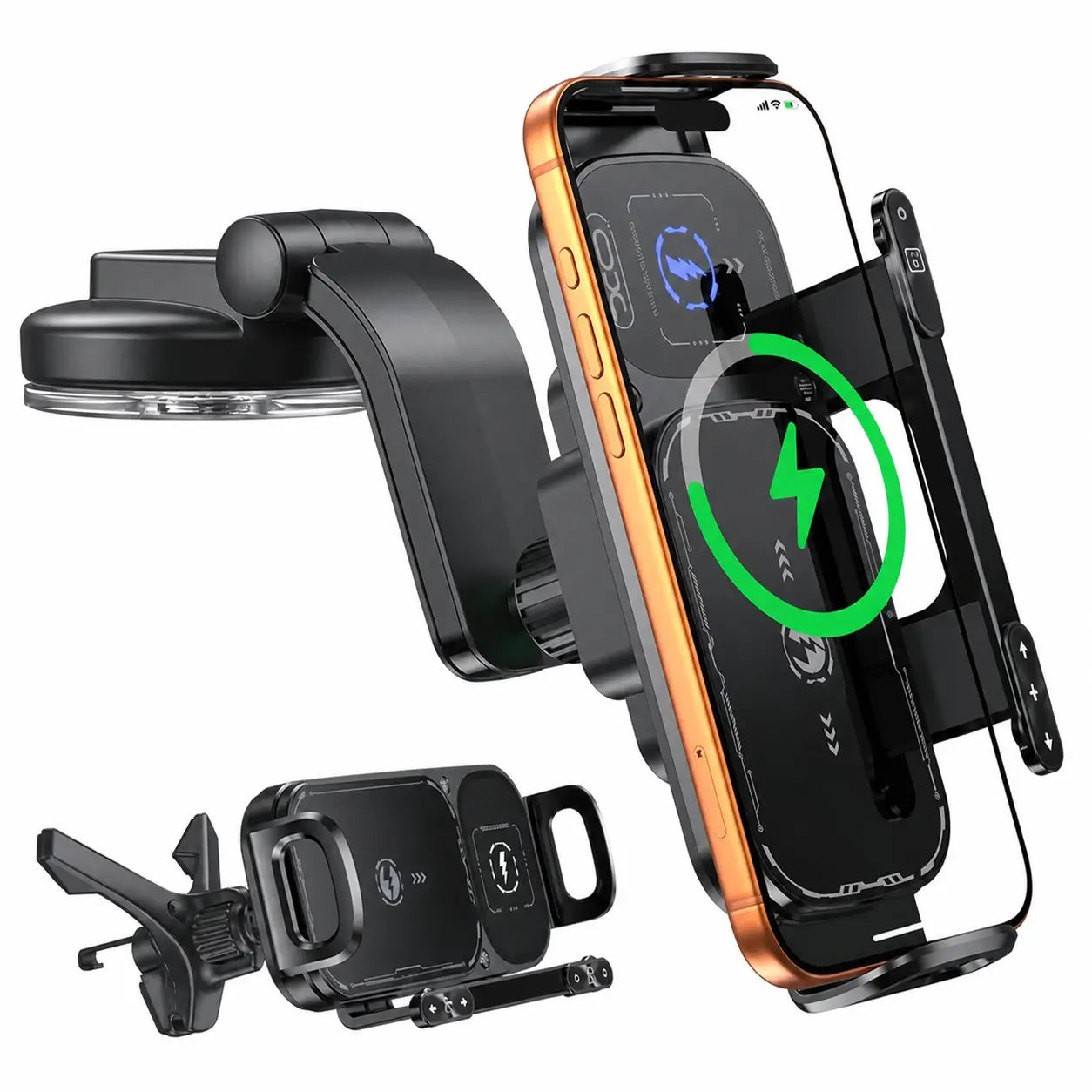 Soporte cargador inalámbrico 15W para auto con sujeción automática y rotación 90°, ideal para celulares plegables y grandes