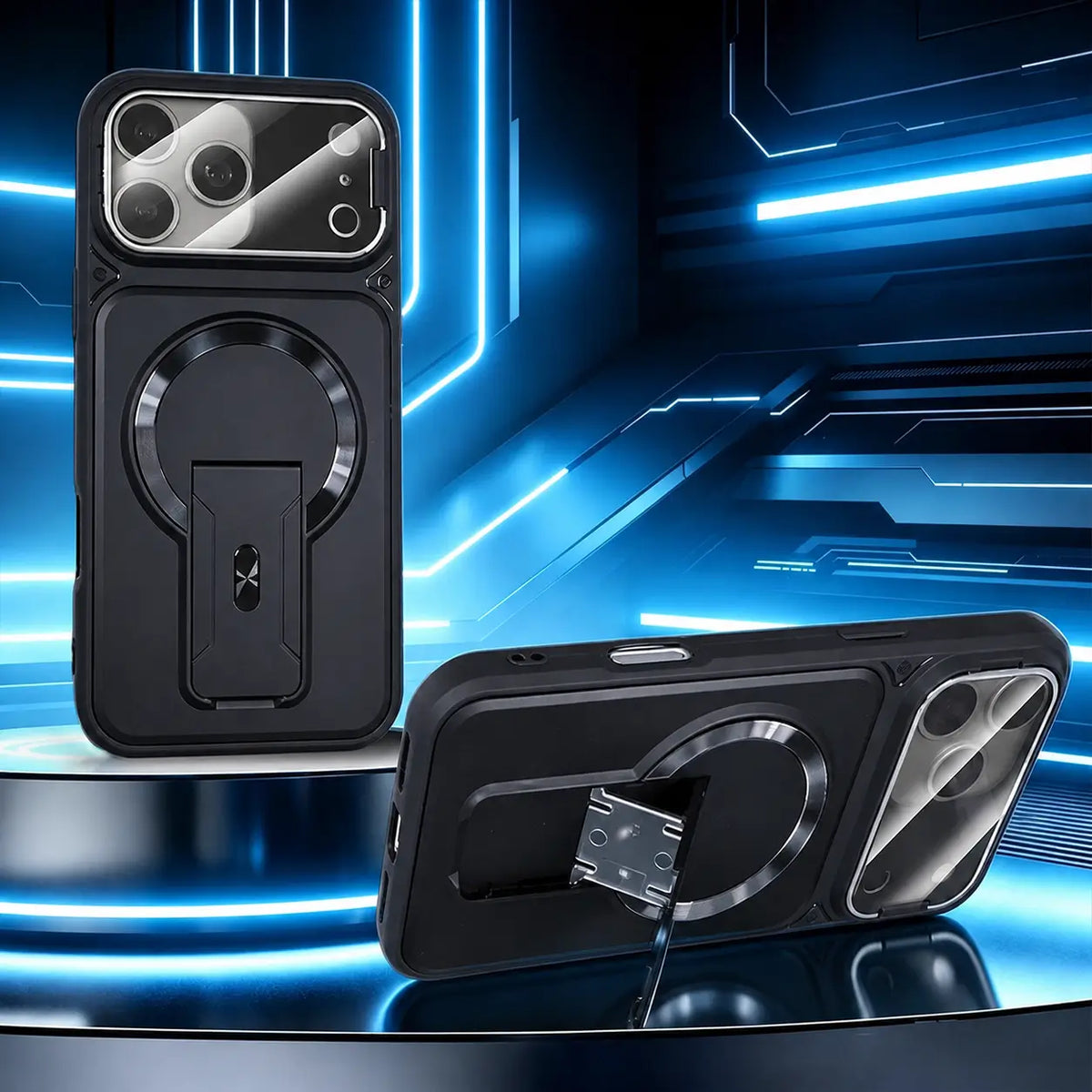 Funda multifuncional para iPhone con soporte invisible, protección de cámara y aro magnético para uso diario y manejo cómodo en tu celular