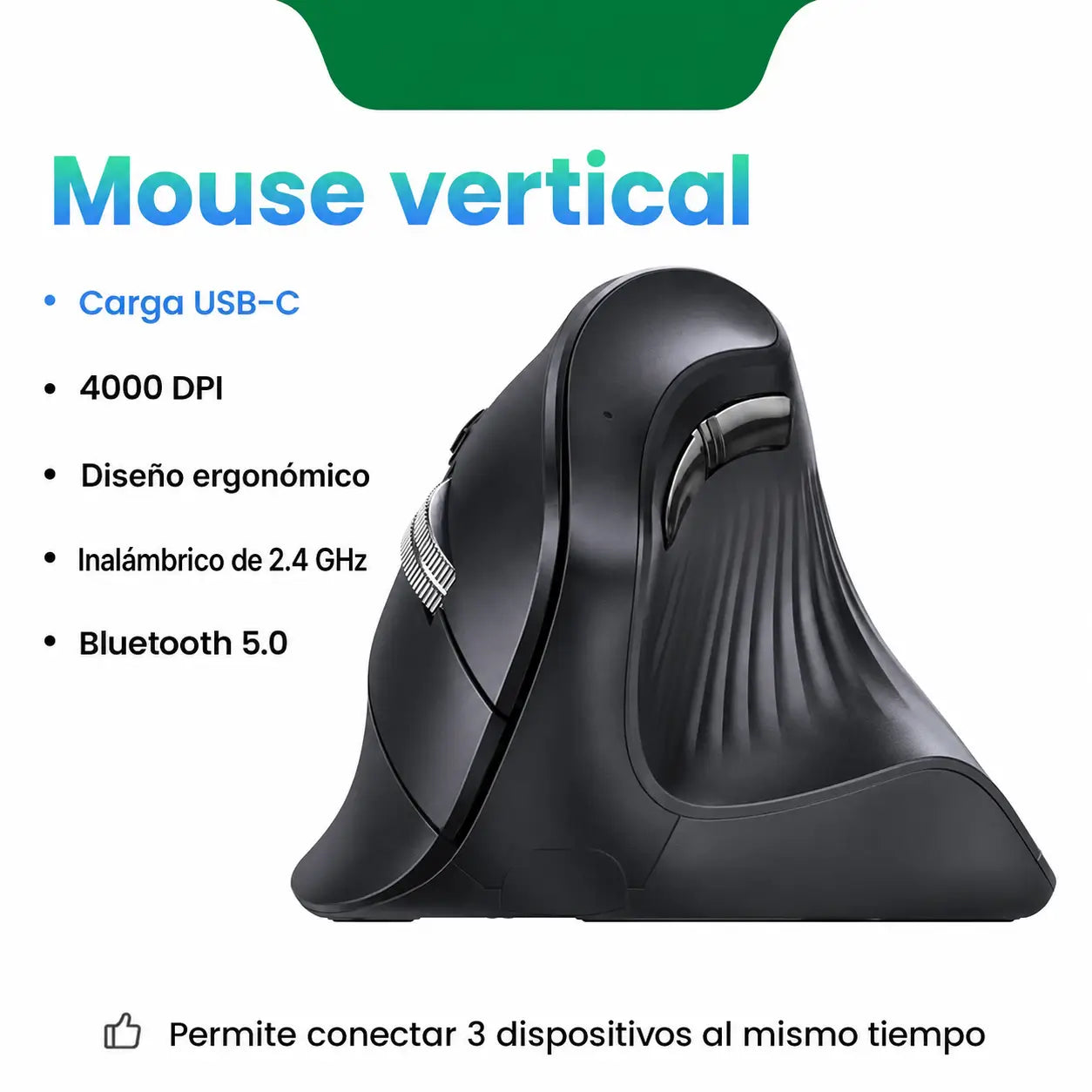 Mouse vertical ergonómico inalámbrico 2.4G con 5 botones, 4000 DPI ajustable y clic silencioso para oficina, laptop y computadora diaria