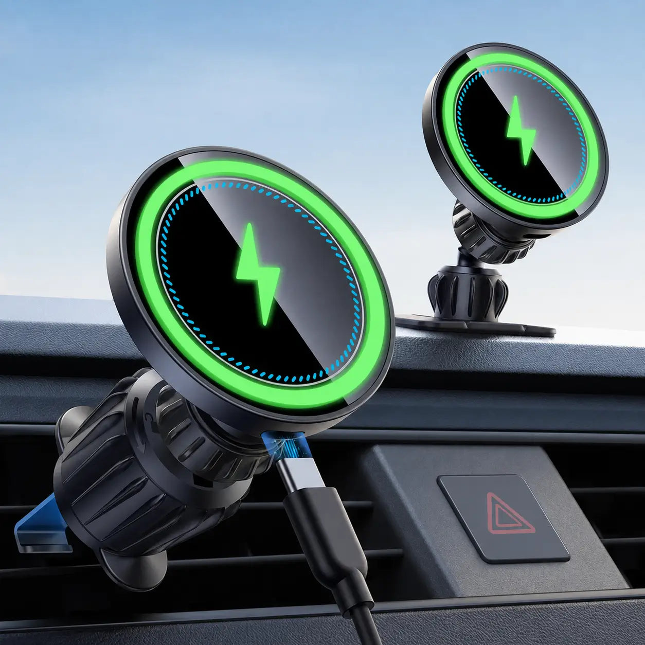 Cargador inalámbrico magnético 15W para auto con soporte ajustable 360° y montaje 3 en 1, ideal para iPhone en viajes diarios