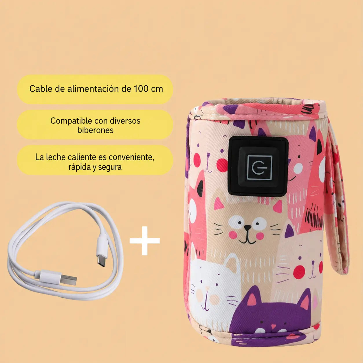 Calentador portátil USB para biberón con 3 temperaturas y funda térmica con gatitos para casa, viajes y salidas con bebé diarias