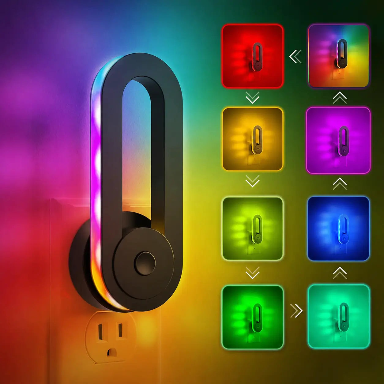 Lámpara nocturna LED RGB enchufable con sensor automático, dos modos de luz y giro 180° para recámara, sala gamer o buró