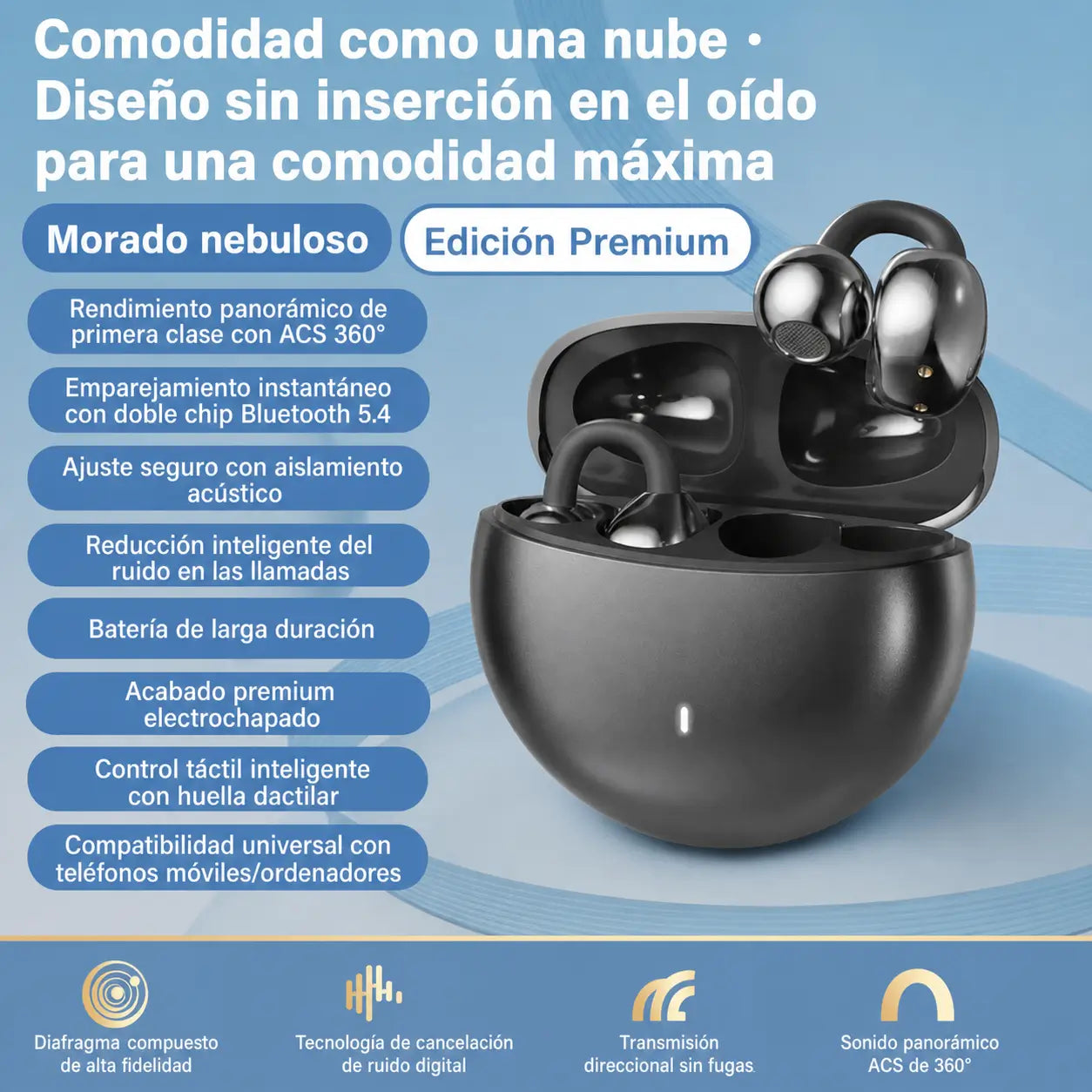 Auriculares Bluetooth 5.4 de oído abierto con clip ergonómico y cancelación de ruido para correr, ejercicio y llamadas claras en celular