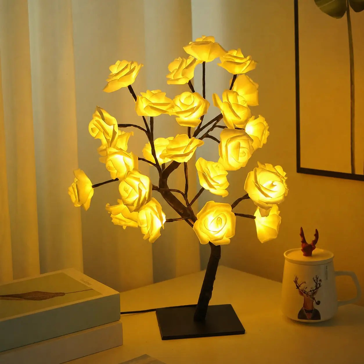 Lámpara de mesa USB en forma de árbol con rosas LED, luz cálida decorativa para recámara, buró y regalo romántico especial